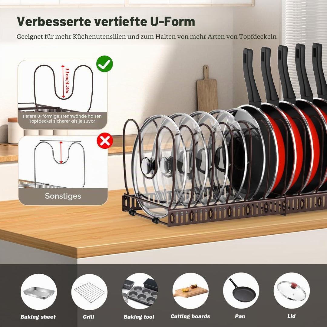 Housolution Pfannenhalter für Schublade, Erweiterbarer Topfdeckelhalter mit 14 Verstellbaren Teiler,