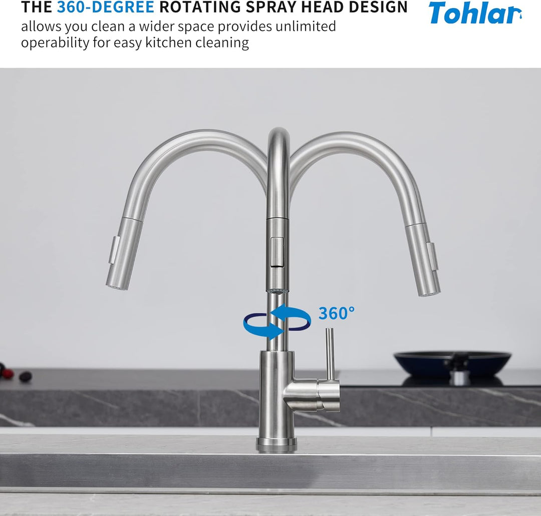 Tohlar Niederdruck Armatur Küche mit Ausziehbare Brause, Niederdruck Wasserhahn Küche 360° Drehbar M