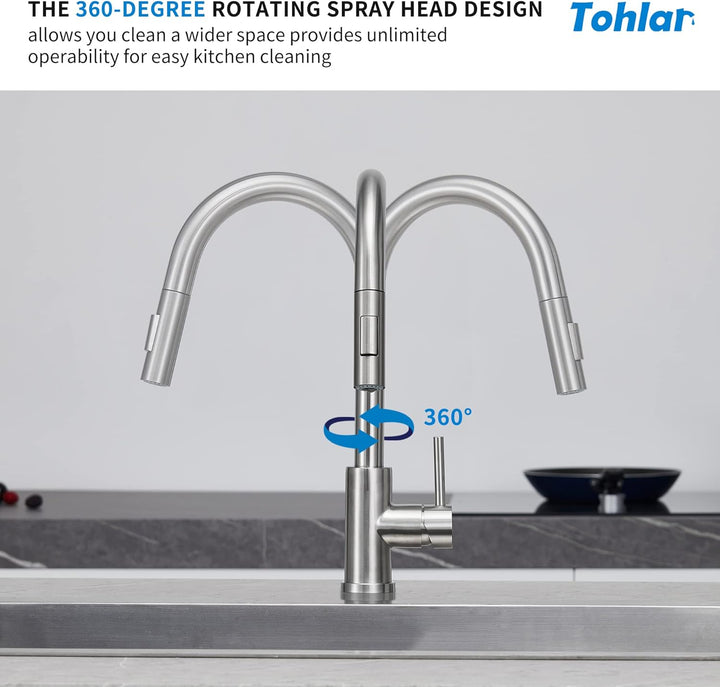 Tohlar Niederdruck Armatur Küche mit Ausziehbare Brause, Niederdruck Wasserhahn Küche 360° Drehbar M