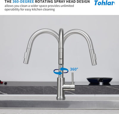 Tohlar Niederdruck Armatur Küche mit Ausziehbare Brause, Niederdruck Wasserhahn Küche 360° Drehbar M