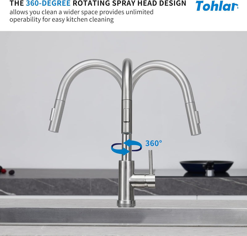 Tohlar Niederdruck Armatur Küche mit Ausziehbare Brause, Niederdruck Wasserhahn Küche 360° Drehbar M
