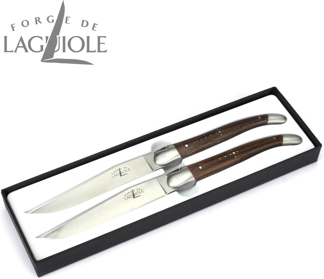 Forge de Laguiole - Set Zwei Steakmesser - Griff fossile Mooreiche - Edle Tafel-Messer - Stahl matt
