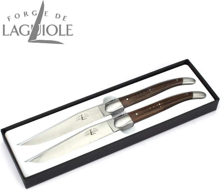 Forge de Laguiole - Set Zwei Steakmesser - Griff fossile Mooreiche - Edle Tafel-Messer - Stahl matt