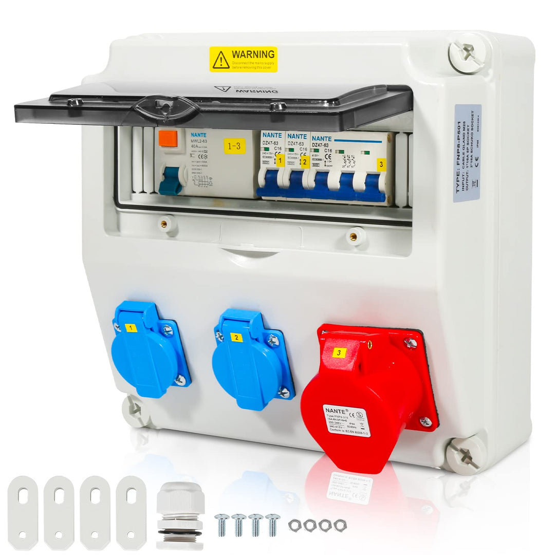 Fiqops Baustromverteiler 16A, Stromverteiler 1x400V+2x230V, Baustromverteiler 16A mit FI Schalter, S