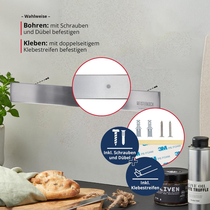 MEISTERKOCH Magnetleiste OPTIMUS 40 cm Länge Edelstahl poliert, zum Kleben oder Bohren, ideal zum Pl