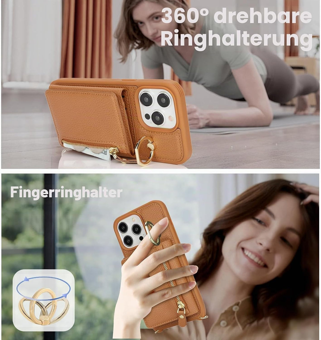 ELTEKER Handyhülle für iPhone 15 Pro Max Hülle mit Band Kartenfach Handykette Ringhalterung Geldbörs