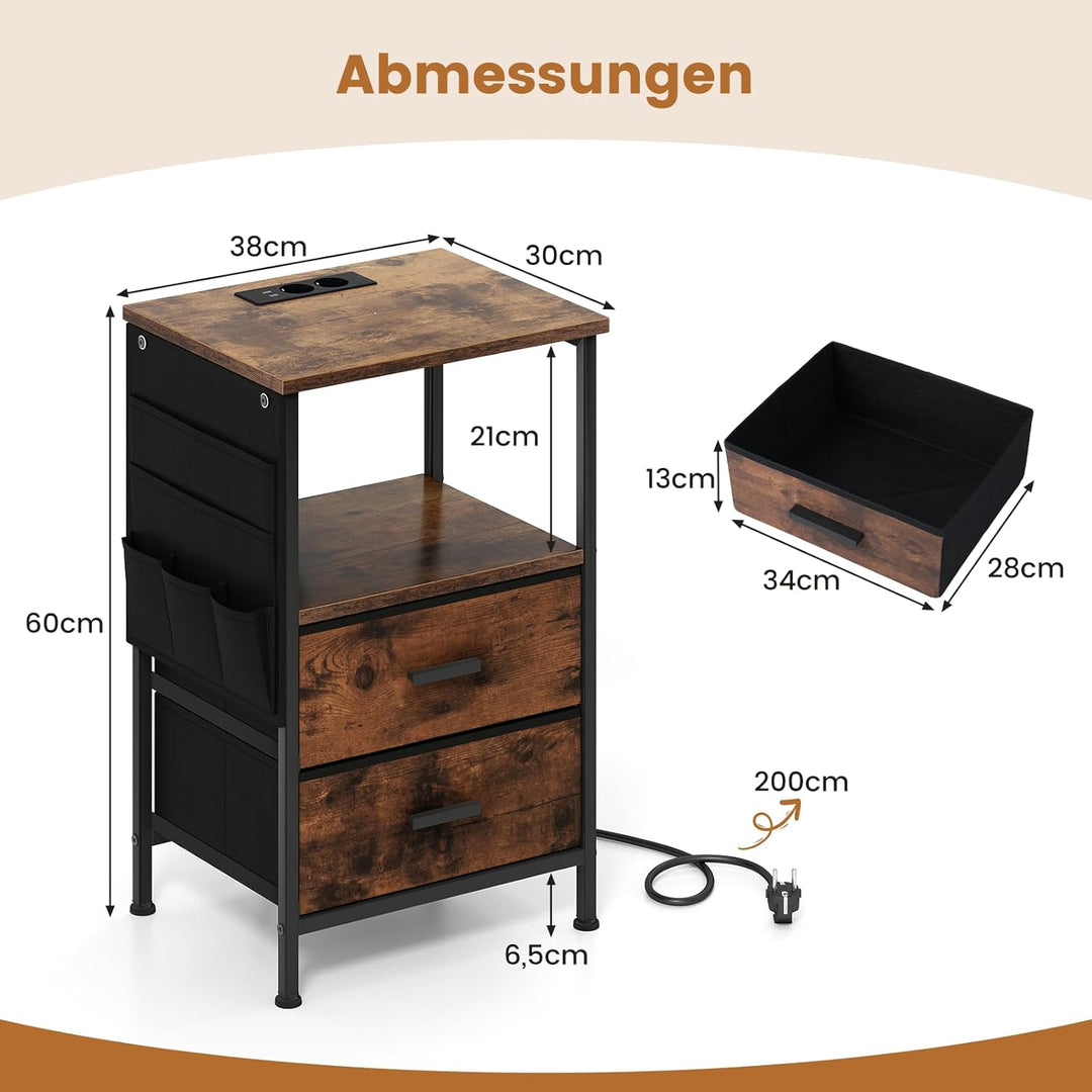 COSTWAY Nachttisch mit LED und Ladestation, 2er Set Beistelltisch mit 2 Schubladen & Seitentaschen,