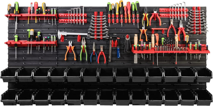 Lagersystem Werkstattregal | 156 x 78 cm | 26 stck. Box | Wandregal mit Werkzeughalterungen und Stap