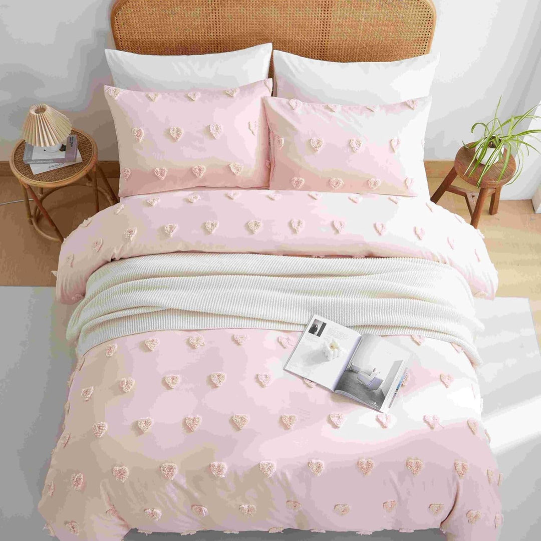 Freyamy Boho Bettwäsche 135x200cm Rosa Getuftet Herz Bettwäsche-Sets Stickerei Shabby Chic Bettwaren