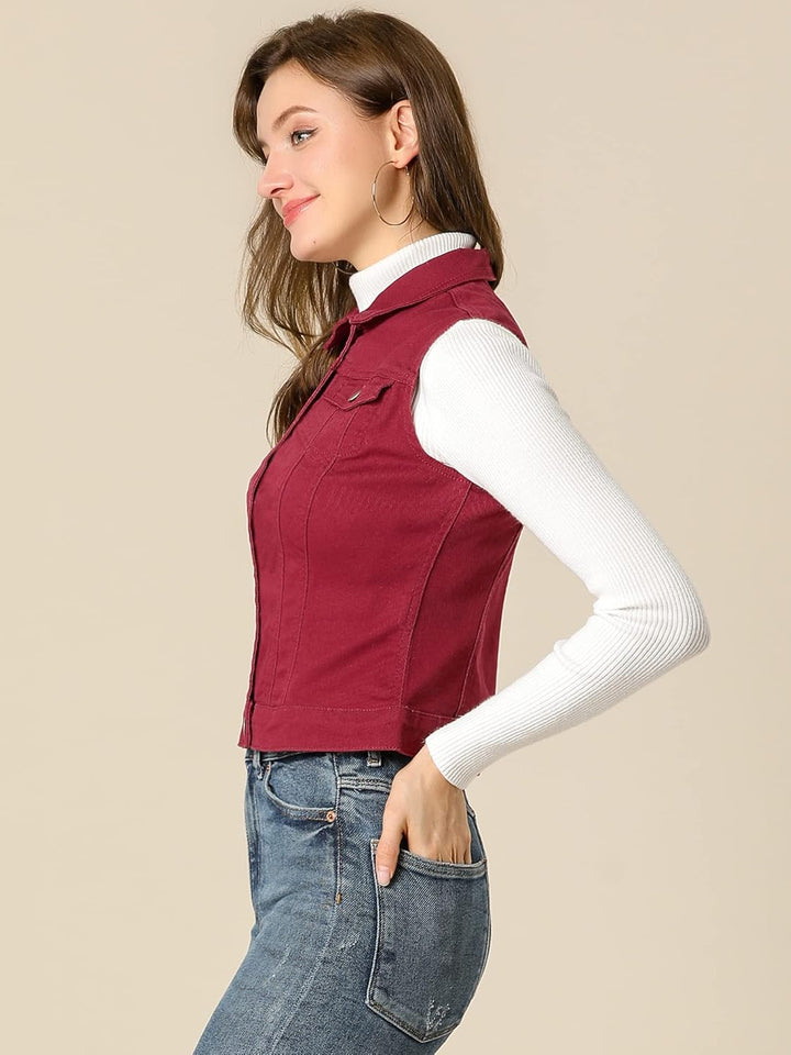 Allegra K Damen Jeansweste Ärmellos Knopfleiste Denim Rever Jacke Westen mit Taschen M Burgund, M Bu