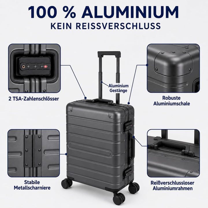 Travelhouse Oslo Aluminium Koffer Reisekoffer Graphit Grau M-65cm Hartschalenkoffer Reisetrolley Sui