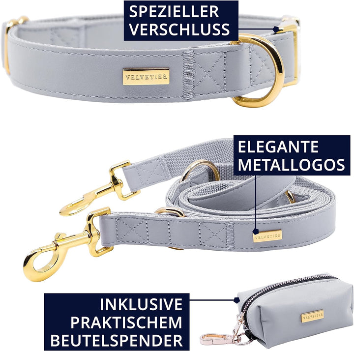 VELVETIER® Manhattan | Halsband Hund im Set mit Leine & Beutelspender | Veganes Leder | Hunde Halsbä