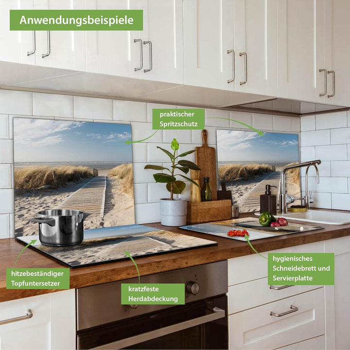 banjado® Herdabdeckplatte Glas 1-teilig 60x52 cm/Schneidebrett Herdabdeckung mit Motiv Dünen/Herdabd