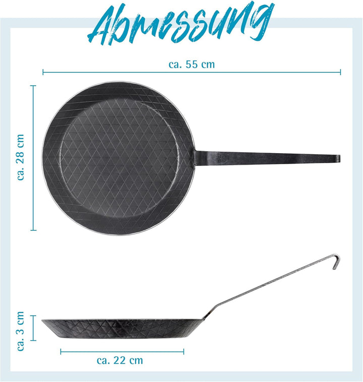 GRÄWE Schmiedeeiserne Bratpfanne F400, Ø 28 cm, Eisenpfanne mit Wender, 400° C hitzebeständig, Pfann