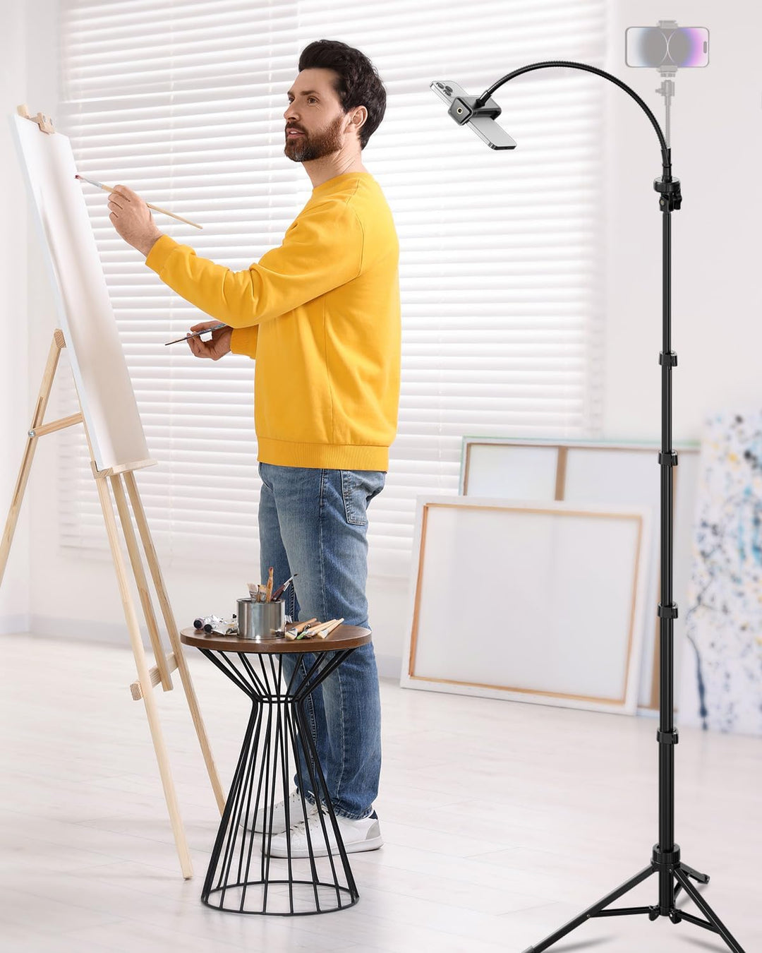 Aureday Handy Stativ Ständer 223cm Selfie Handy Stativ mit 38cm Flexibler Schlauch 360° Drehbarer, B