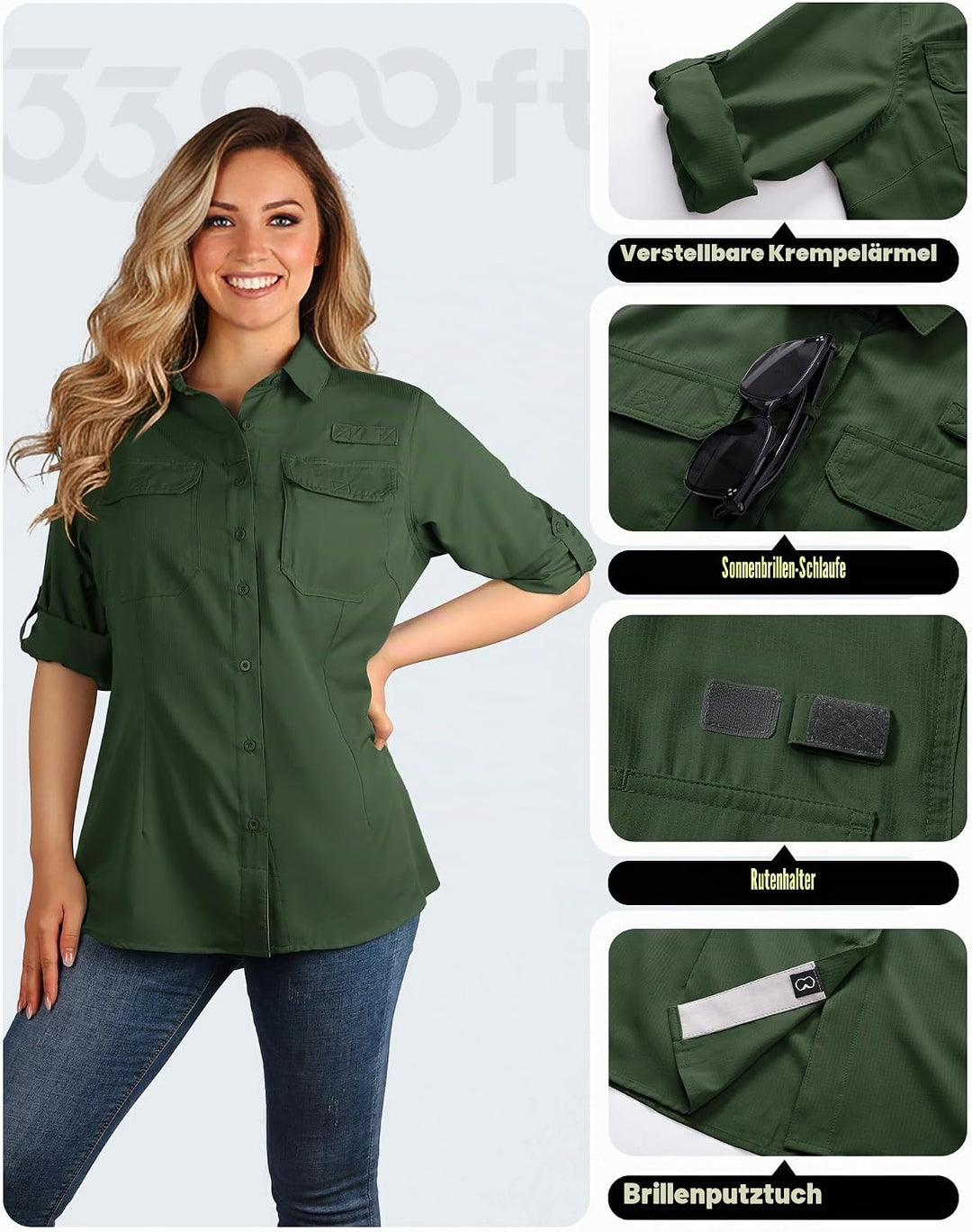 33,000ft Hemdbluse Damen UPF50 UV Schutz Hemd Schnelltrocknende Button-Down Shirts Atmungsaktive Wan