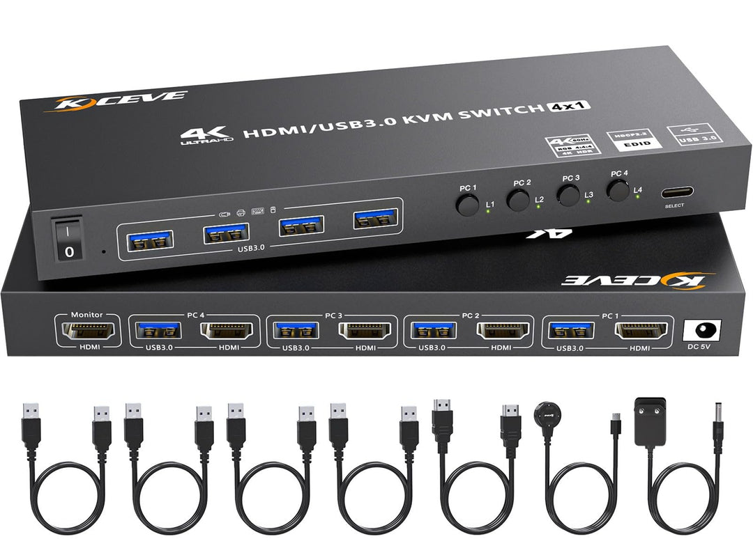 4 Port HDMI KVM Switch 4K@60Hz EDID-Simulation,KVM-Switches 4 PC 1 Monitor mit 4 USB 3.0 Ports für T
