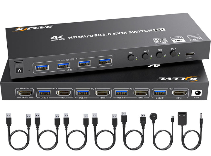 4 Port HDMI KVM Switch 4K@60Hz EDID-Simulation,KVM-Switches 4 PC 1 Monitor mit 4 USB 3.0 Ports für T