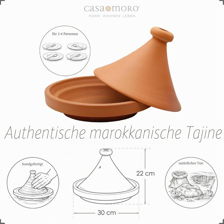 Schmortopf aus Ton – Marokkanische Tajine Ø 30 cm Kochen für 3-4 Personen | Tagine unglasierter Gart