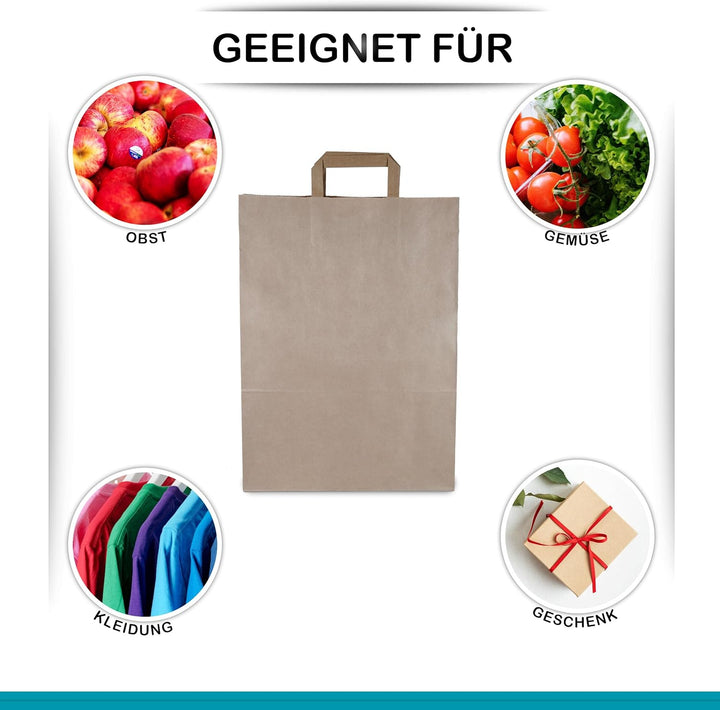 Commerline Papiertüten 250 Stück, Braun, 32+16x44 cm | Kraftpapier Tüten Klein Mit Henkel | Tragetas