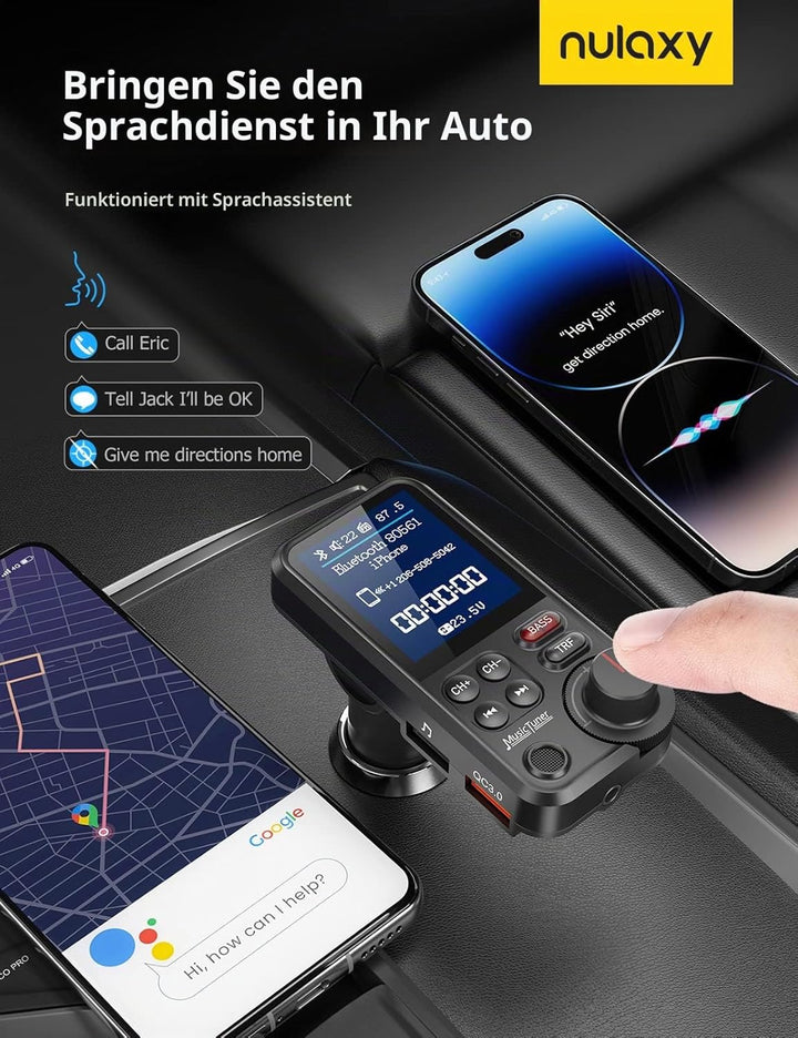 Nulaxy Bluetooth Adapter Auto, Starkes Mikrofon FM Transmitter Auto Bluetooth mit 1,8-Zoll-Farbbilds