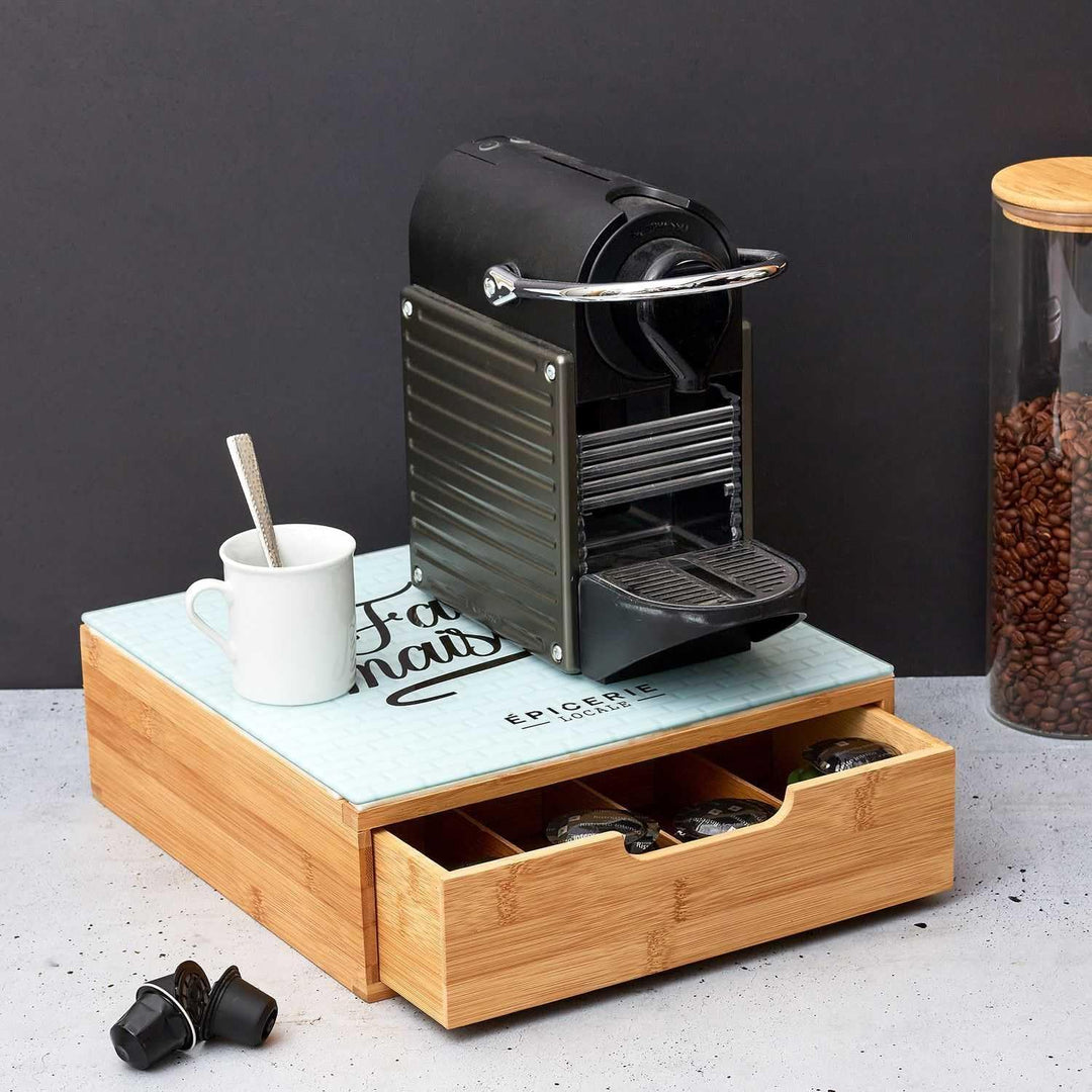Home Deco Factory, KA5953, Capsule Holder Drawer in Wood and Glass, Organized Storage for Coffee and