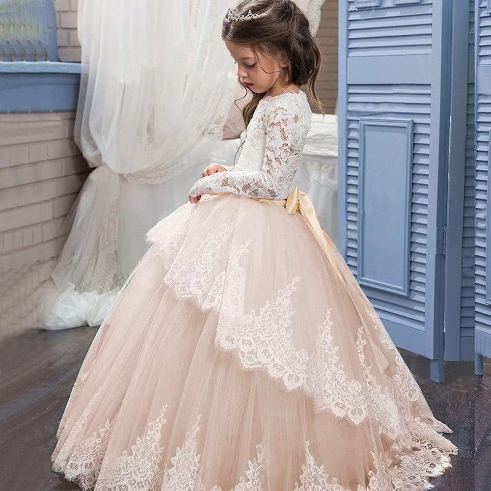 PLWEDDING Spitze Lange Ärmel Blumenmädchen Kleid Prinzessin Tüll Kleid für Kinder Erstkommunion Klei