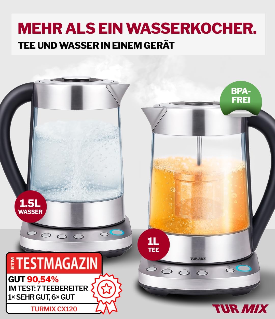 TURMIX 2in1 Teekocher elektrisch mit Wasserkocher Glas 2200W 1,5L Silber, Temperatureinstellung 70–1