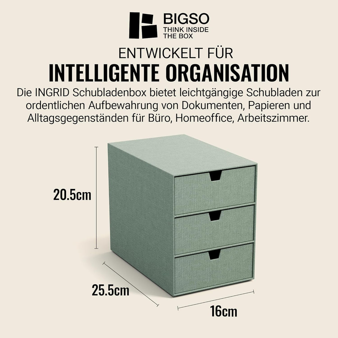 BIGSO INGRID Schubladenbox für Dokumente und Bürobedarf – Schreibtisch Organizer mit 3 Schubladen –