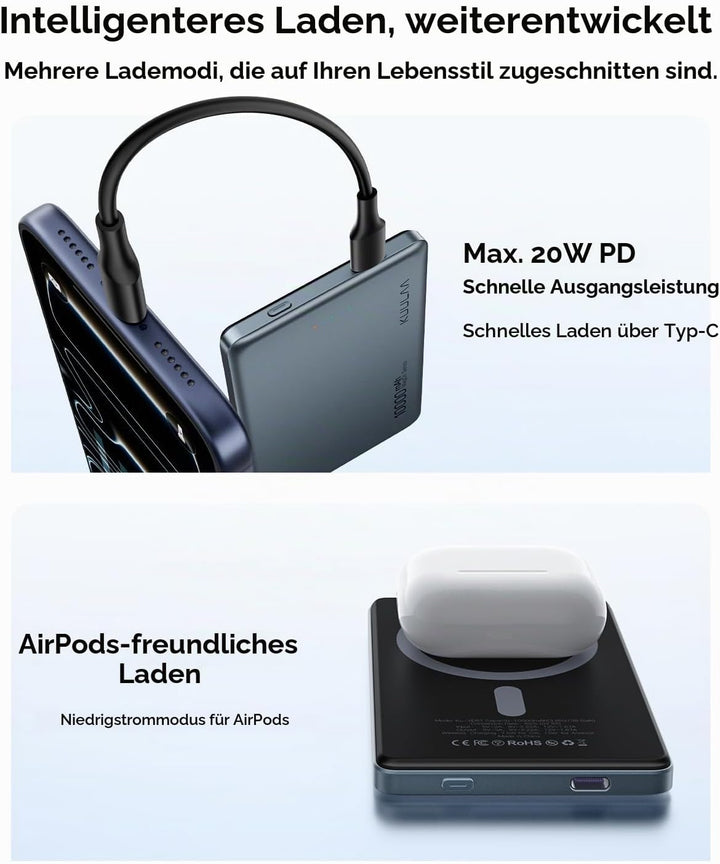 Kuulaa MagSafe Powerbank 10000 mAh,Ultradünn Power Bank mit Schnellladung 20W USB-C Ausgang/Eingang