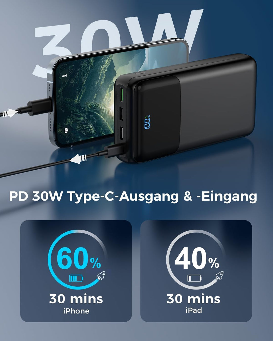 Powerbank 50000mAh, PD 30W&amp;QC 4.0 Power Bank Schnellladung mit 4 Ausgängen &amp; 2 Eingängen, Grosse Kap