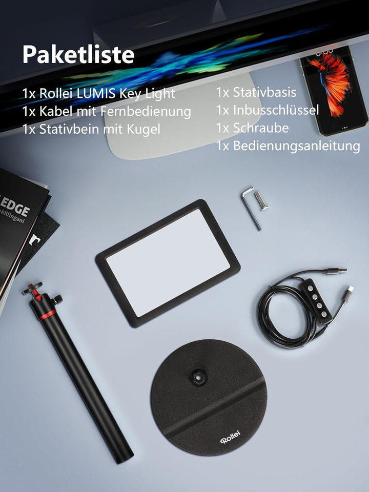 Rollei Lumis Key-Light, LED Videolicht inkl. Tischstativ mit Fernbedienung am Kabel zum Ausleuchten