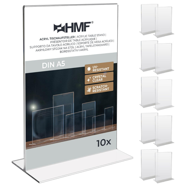 HMF 46921 Acryl Tischaufsteller gerade | 10 Stück | DIN A5 Hochformat | Glasklar DIN A5, Hoch 10 Stü