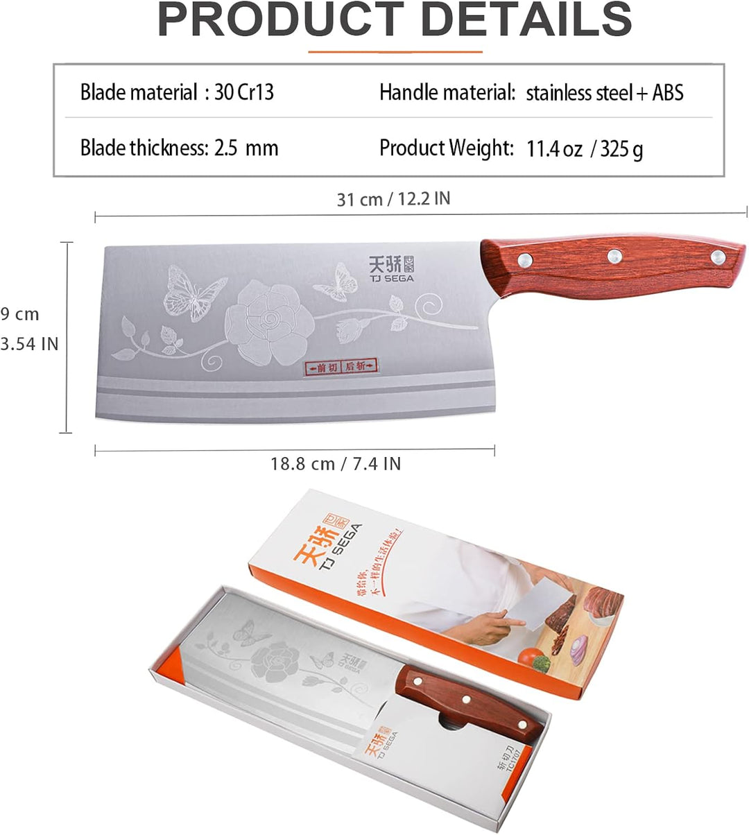 TJ POP Hackmesser Chinesisches Kochmesser Professionelles 18.8cm, Scharfer Küchenmesser mit Full Tan