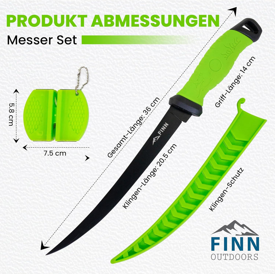 FINN Outdoors Filetiermesser Set Edelstahl Angelmesser, Fischmesser, Ausbeinmesser mit 2in1 Messersc