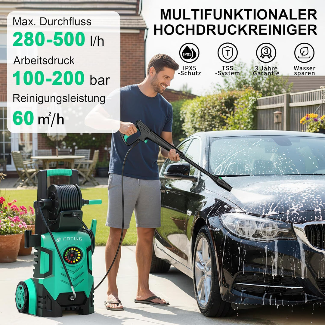 Hochdruckreiniger 200 Bar, Touchscreen 8-stufiger, 6-in-1-Düse, Druck: 100-200bar, Fördermenge: 280-