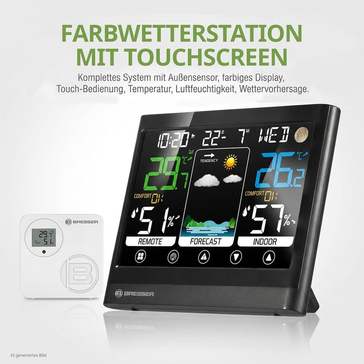 Bresser MeteoTemp BF Funk Wetterstation mit Touch-Display, Aussensensor, Wettervorhersage, Raumklima