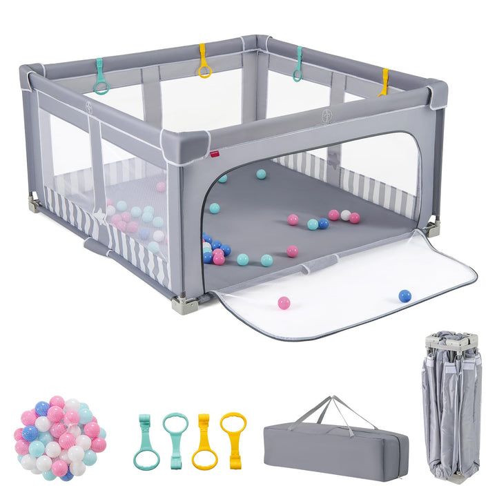 GOPLUS 150 x 150cm Laufstall Babys, Laufgitter faltbar mit 50 bunten Bällen, 4 Griffen &amp; Tragetasche