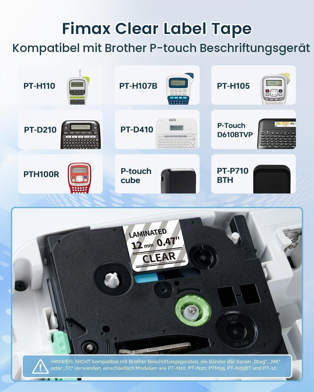Fimax Clear Tape Cassette 12mm Schriftband Ersatz für TZe-131 TZ-131 Brother P-touch Bänder Transpar