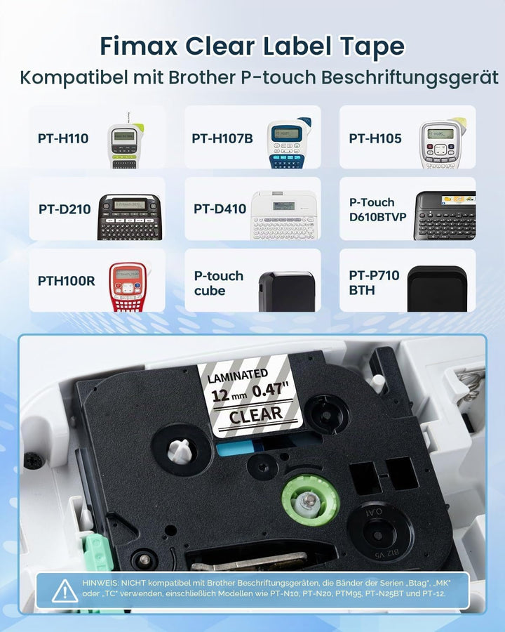 Fimax Clear Tape Cassette 12mm Schriftband Ersatz für TZe-131 TZ-131 Brother P-touch Bänder Transpar