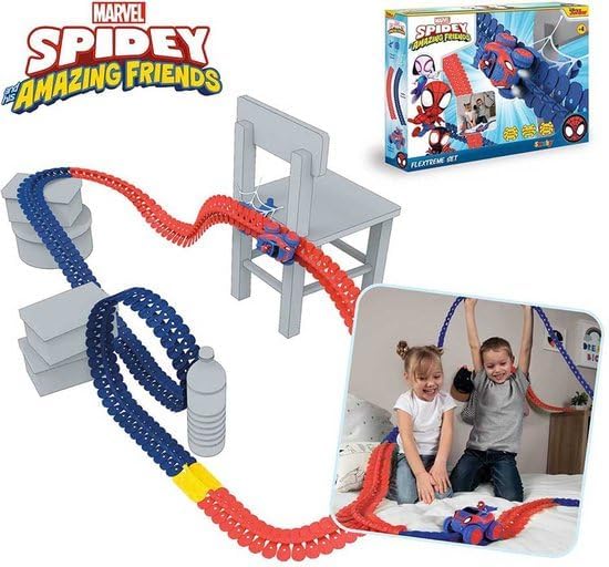 Smoby Toys - Spidey FleXtreme Rennbahn-Set (blau-rot) - flexible Kinder-Rennbahn inkl. 184 Schienent