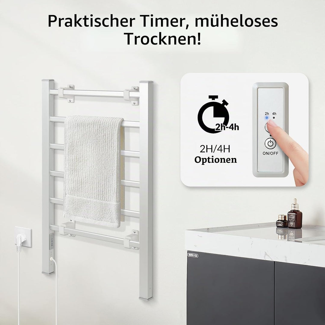 Todeco Handtuchheizkörper Elektrisch ohne Boren, 100W Badheizkörper mit Timer, Handtuchtrockner Elek