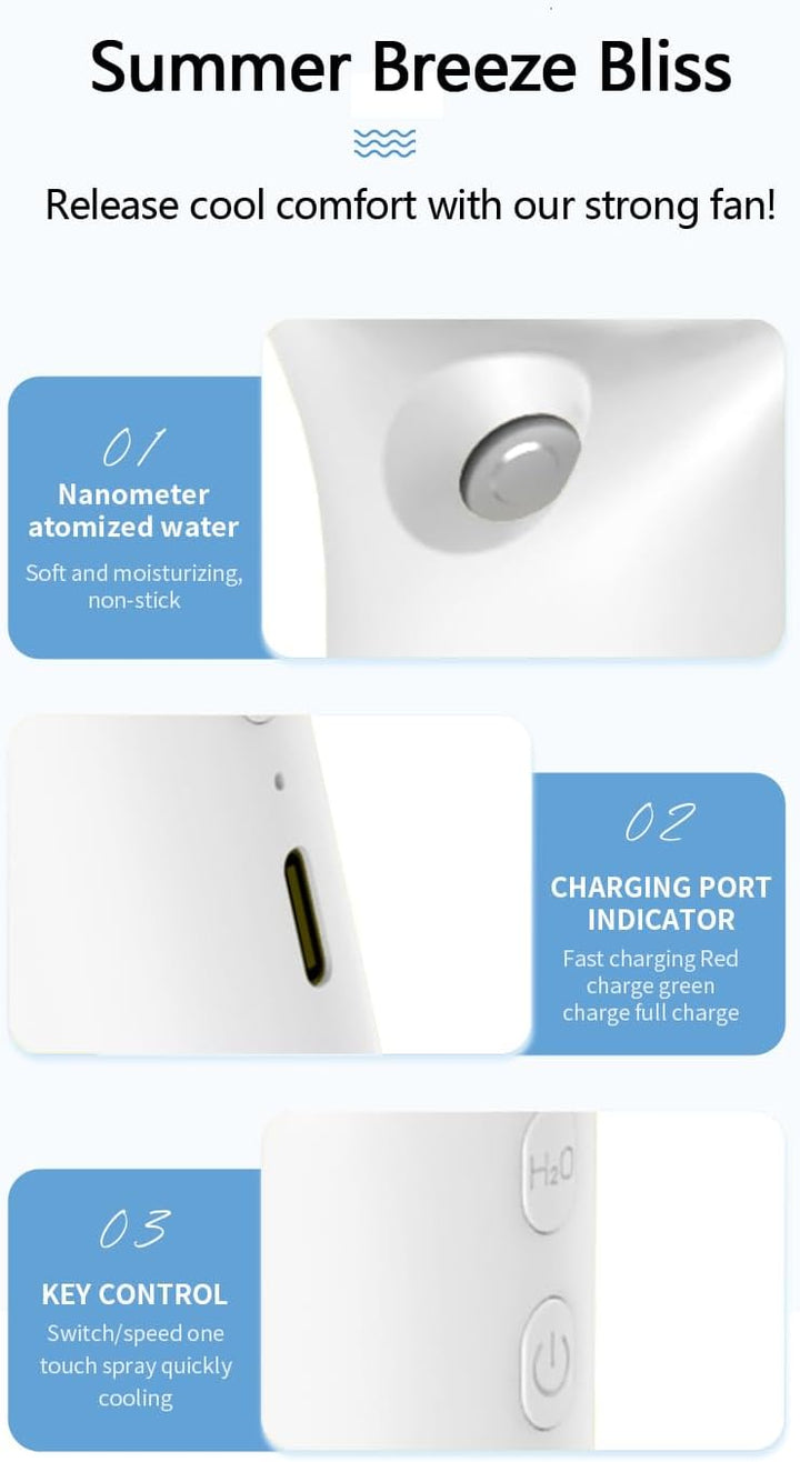 Mini Handventilator mit Feuchtigkeitsfunktion, Tragbarer Taschenventilator USB-C Wiederaufladbarer,