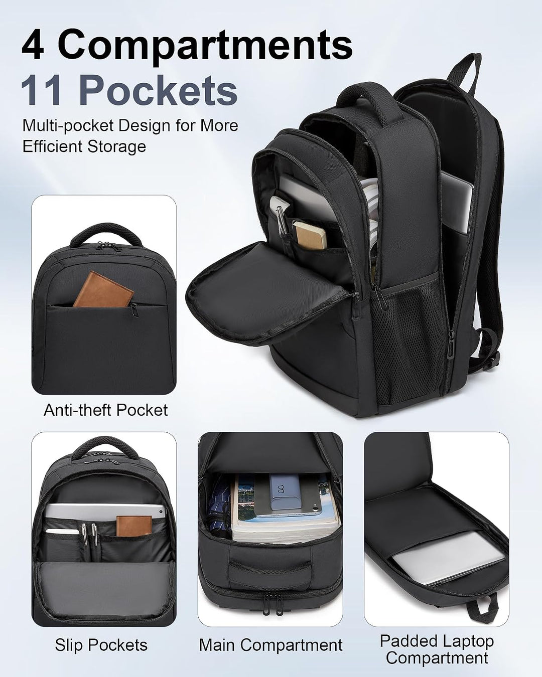 Rucksack Herren Arbeit, 15,6 Zoll Business Laptop Rucksack Damen, Schwarz | Arbeitsrucksack mit voll