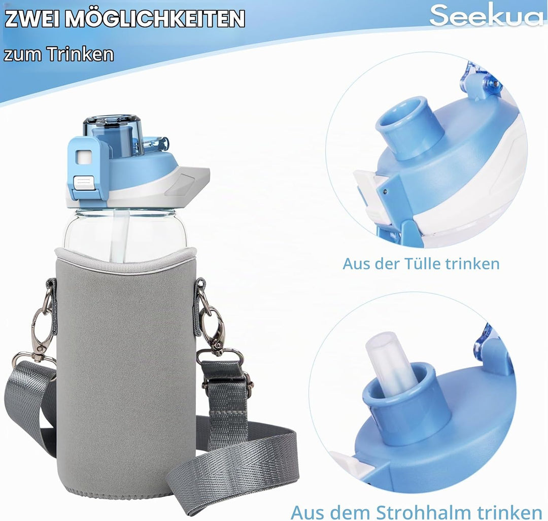 Seekua 0.6l Sport Trinkflasche Glas Flasche mit Strohhalm &amp; Zeitmarkierung für Kinder, Schule 600ml