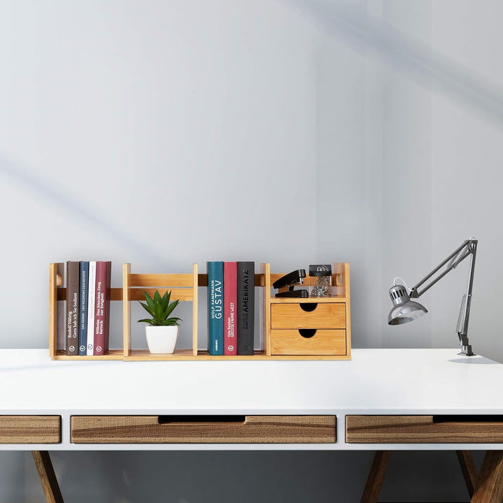 Relaxdays Schreibtisch Organizer Bambus, 2 Schubladen, Bücherregal ausziehbar, Ablage, HxBxT: 21 x 8