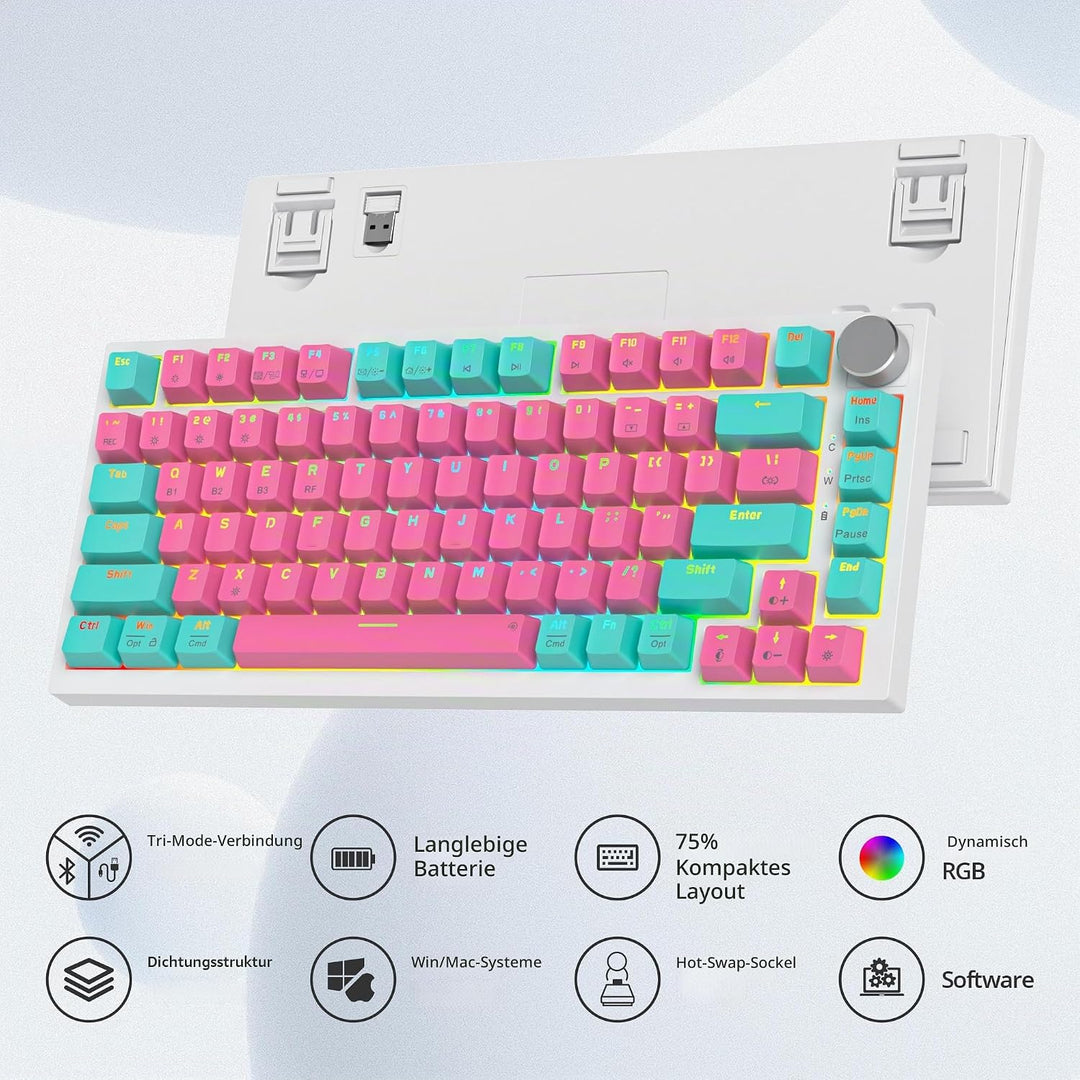 SbocKeeb Mechanische Tastatur Kabellos 75% mit Knopf, TKL Gaming Tastatur 75 Prozent Amerikanische Q