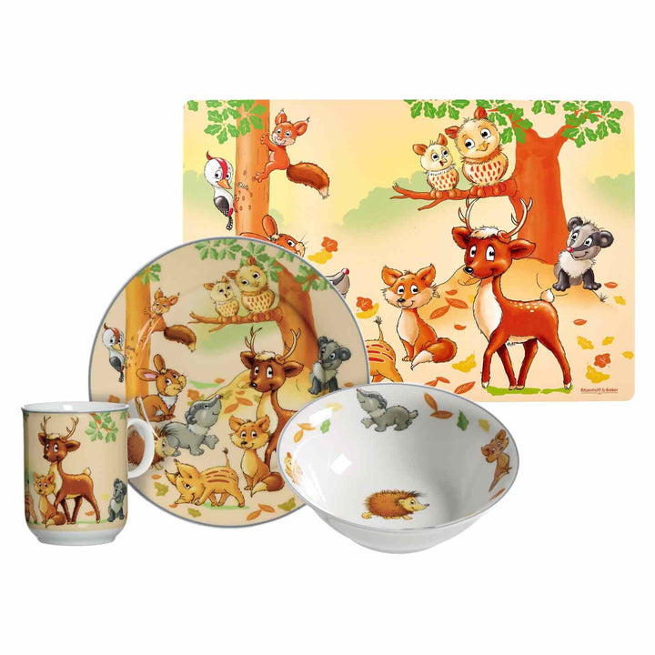 Ritzenhoff & Breker Kindergeschirr Set mit Platzset Waldtiere, 4-teilig, Bunt, Schale Becher Teller