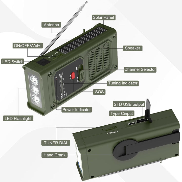 Notfall-Solarradio, 2000mAh Akku Kurbelradio, 3-Wege-Laden Emergency Radios mit LED-Taschenlampe, SO