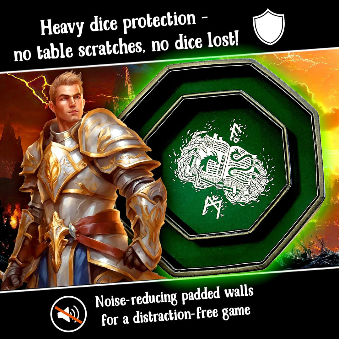 Fantasydice Green Fire Dragon Dice Tray with Wizard Book Print – 23CM Octagon with Dice Staging Area